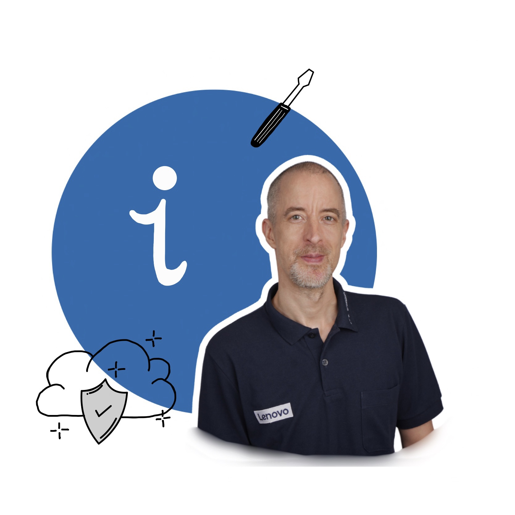 Mitarbeiter des Unternehmens auf blauem Hintergrund mit gemalten Zeichen um ihn herum.